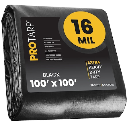 Protarp Heavy Duty Tarp, 100 ft x 100 ft, 16 Mil, Black, Polyethylene PT-106-100X100
